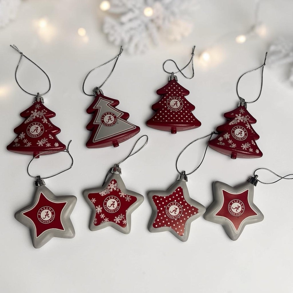 Alabama Bama Crimson Roll Tide Christmas Stars Trees Plastic Ornaments Set 8